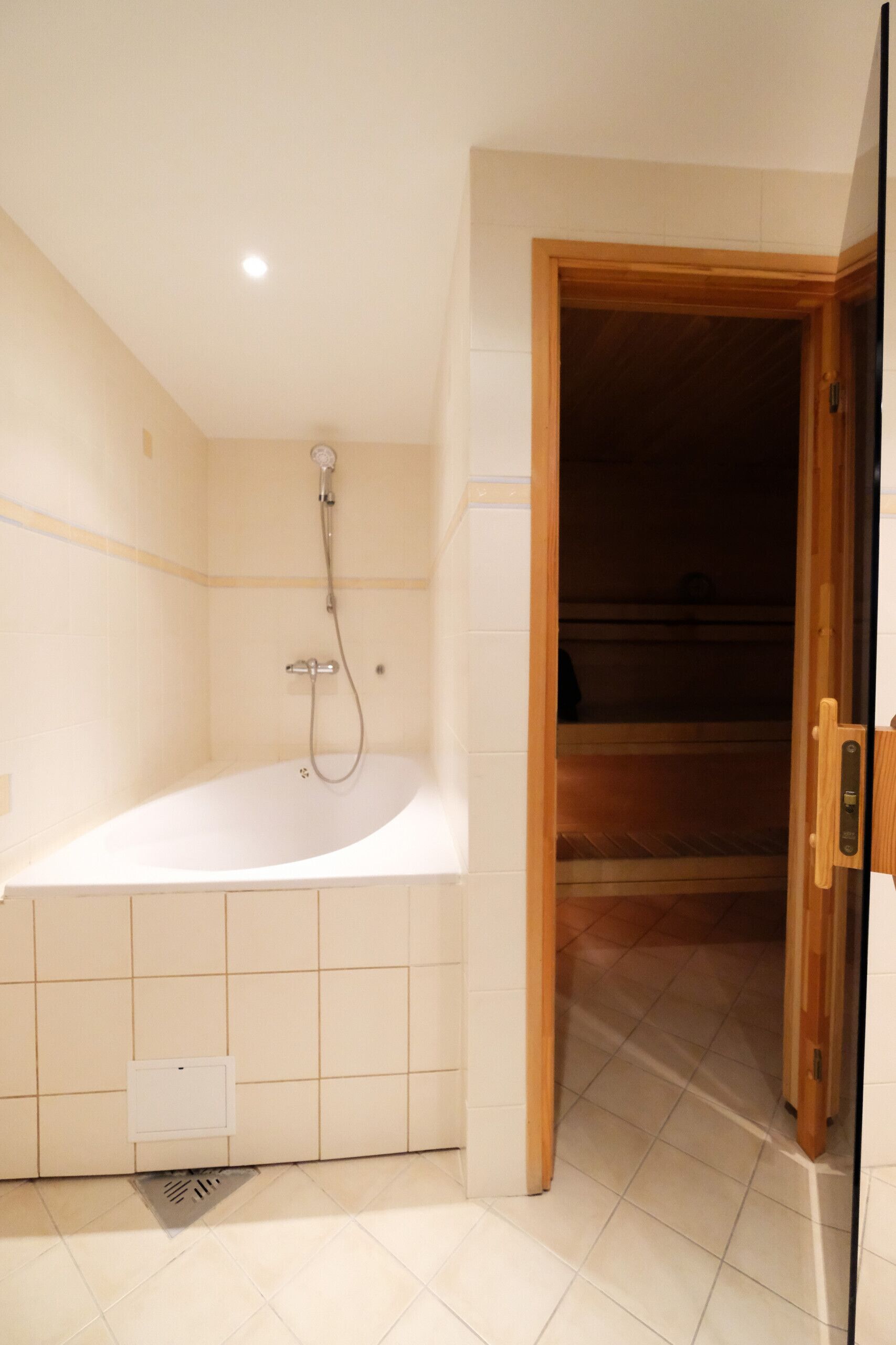 A bathroom with a bathtub, a shower, and a wooden door leading to another room.