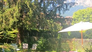 A garden area with a gravel path, a table with colorful chairs, and a large tree. - lac D'annecy Dans Maison de Charme (Doussard)