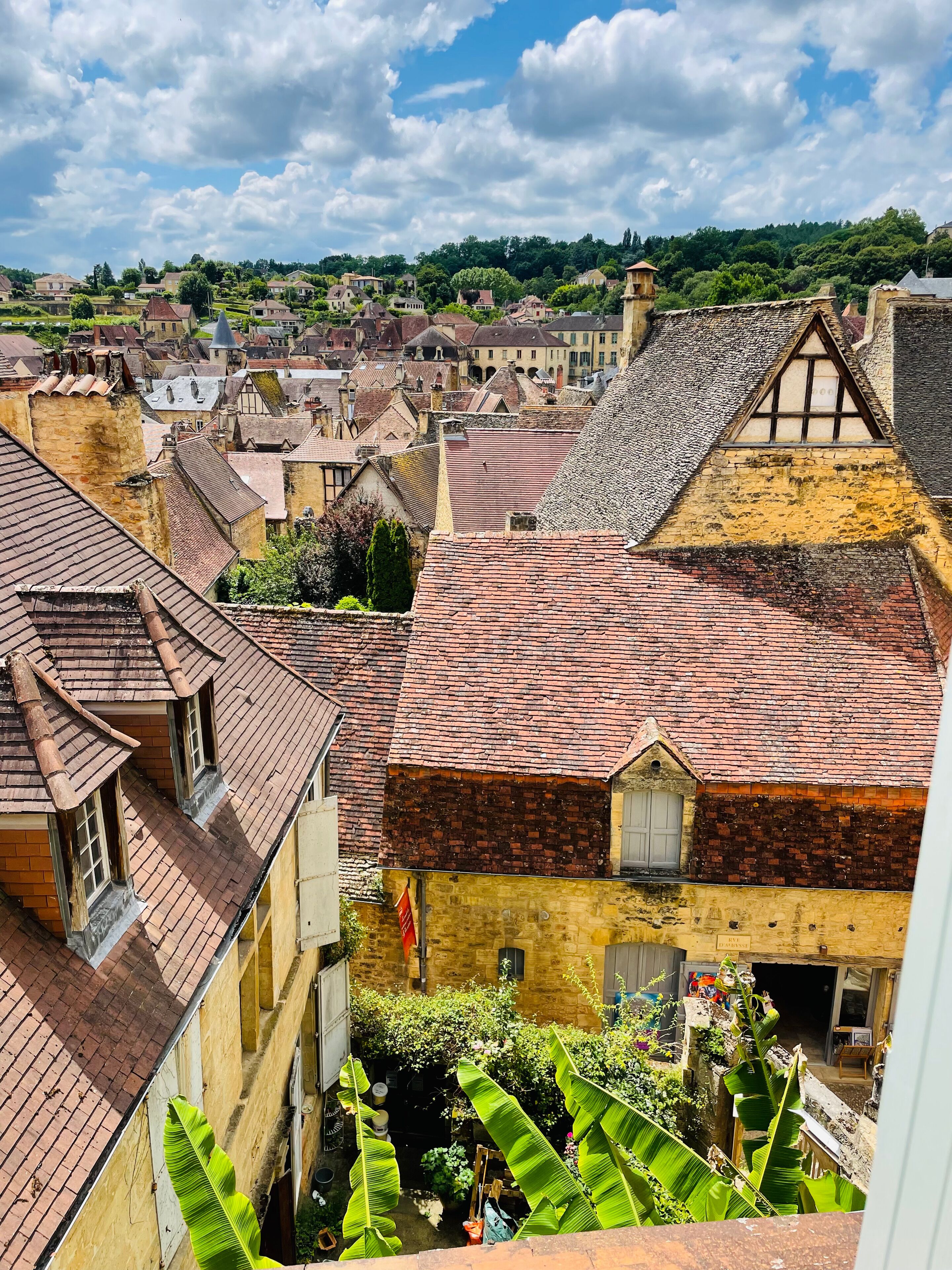 A traditional European town with historic buildings, narrow streets, and a visible courtyard with a banana plant.