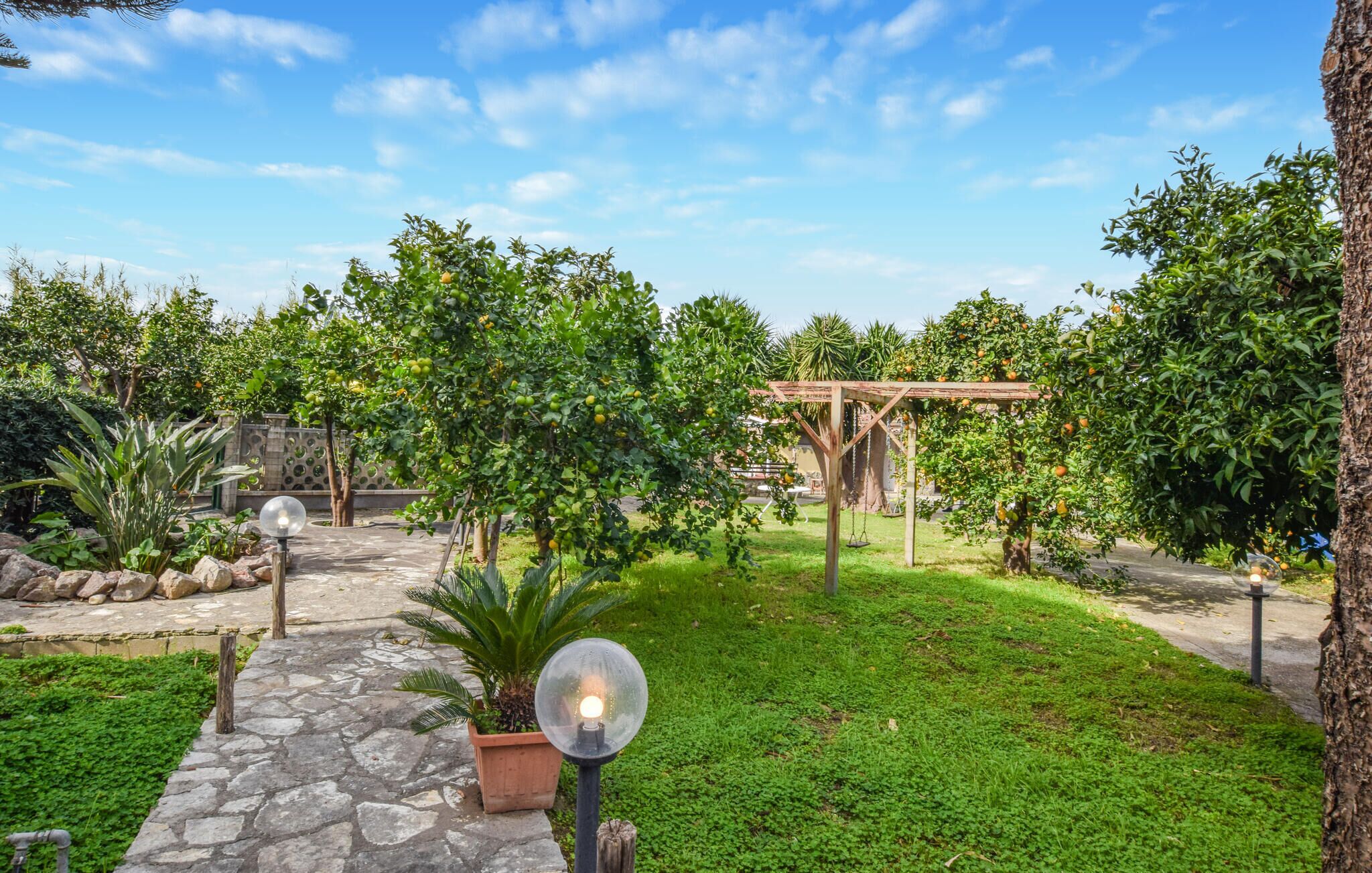 A well-maintained garden with a stone pathway, a wooden pergola, and various green plants.