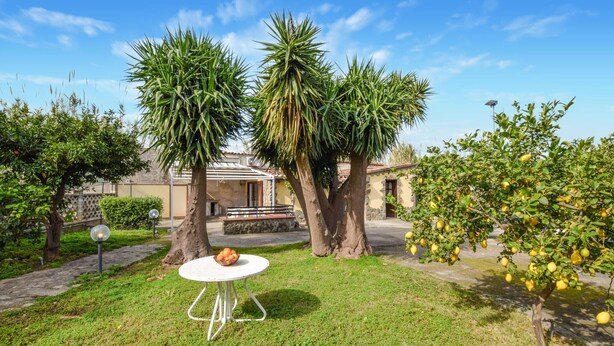 A garden with a white table and chairs, surrounded by trees and a building in the background. - 2 bedroom beautiful home in Torrenova (Torrenova)