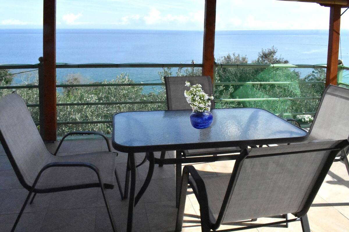 A patio with a table and chairs, a vase with flowers, and a view of the ocean.