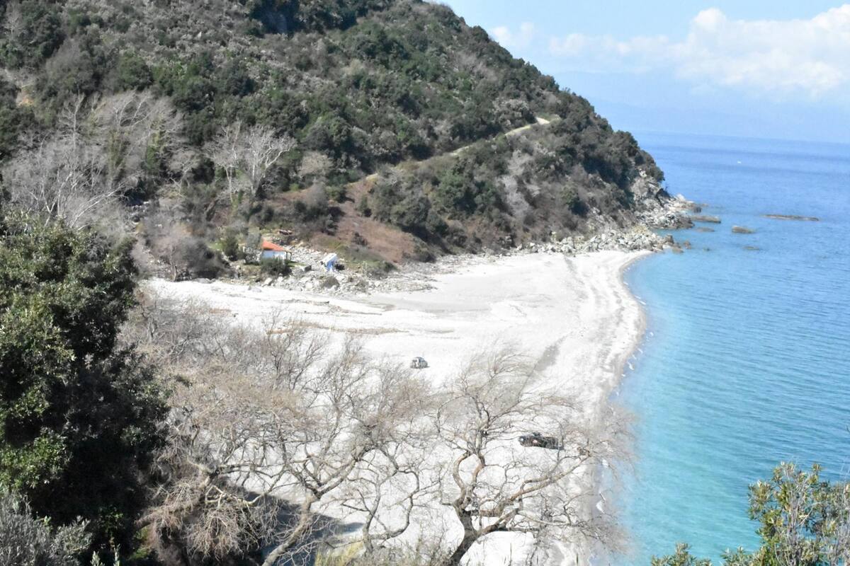 A coastal landscape with a sandy beach, rocky cliffs, and sparse vegetation.