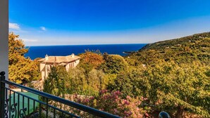 A balcony with a view of the sea and a hillside. - Apartment Zina Pelion (Zagora-Mouresi)