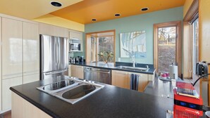 Cocina moderna con electrodomésticos de acero inoxidable, encimera negra y vistas al exterior a través de amplios ventanales.