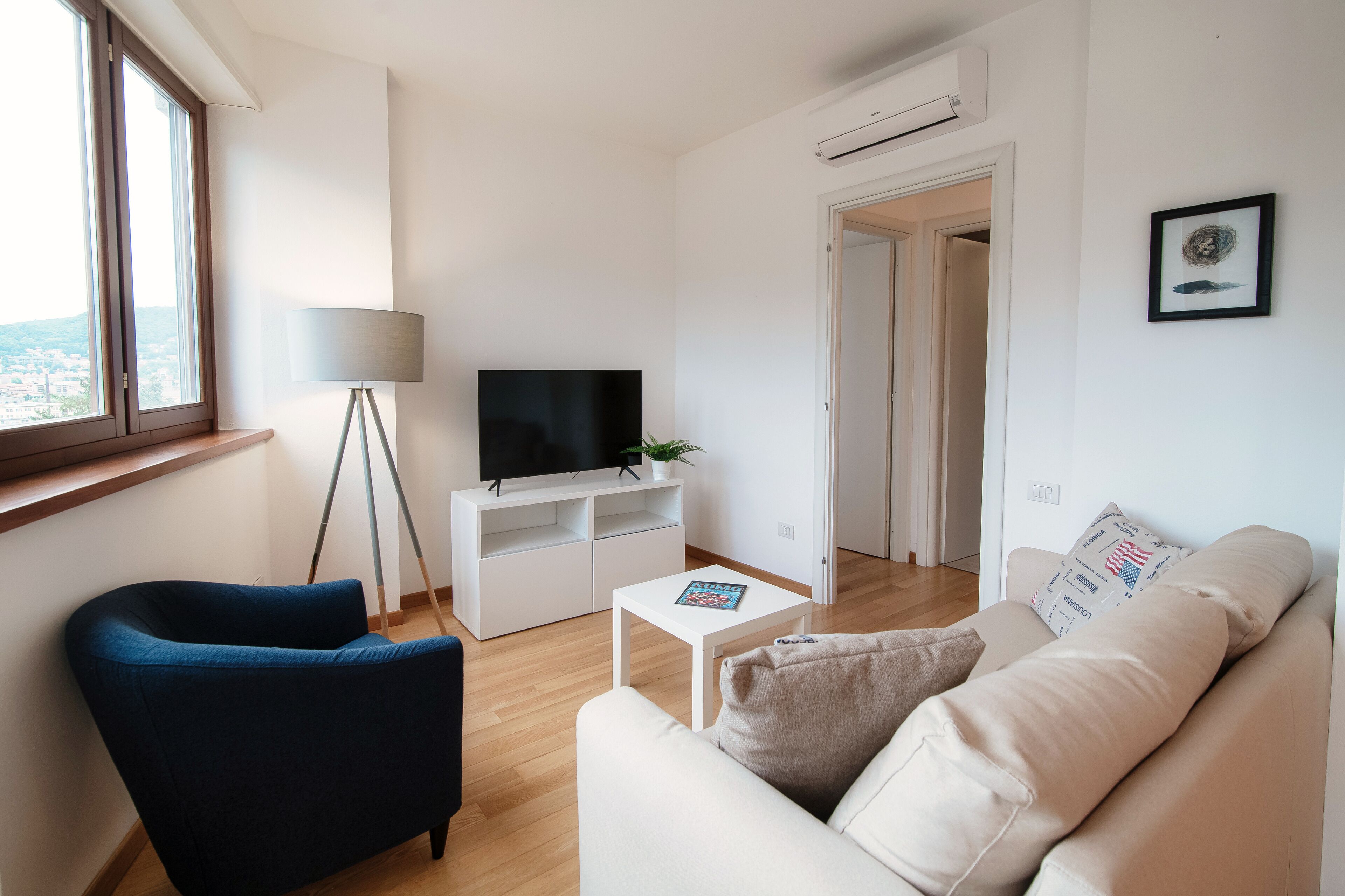 A modern living room with a sofa, a blue armchair, a white coffee table, a TV on a stand, and a potted plant.