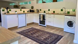 A compact kitchen with a dishwasher, oven, and washing machine, a patterned rug, and a small window with a green-tiled backsplash. - Little Innsacre (Shipton Gorge)