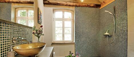 Shower, hair dryer, towels, soap