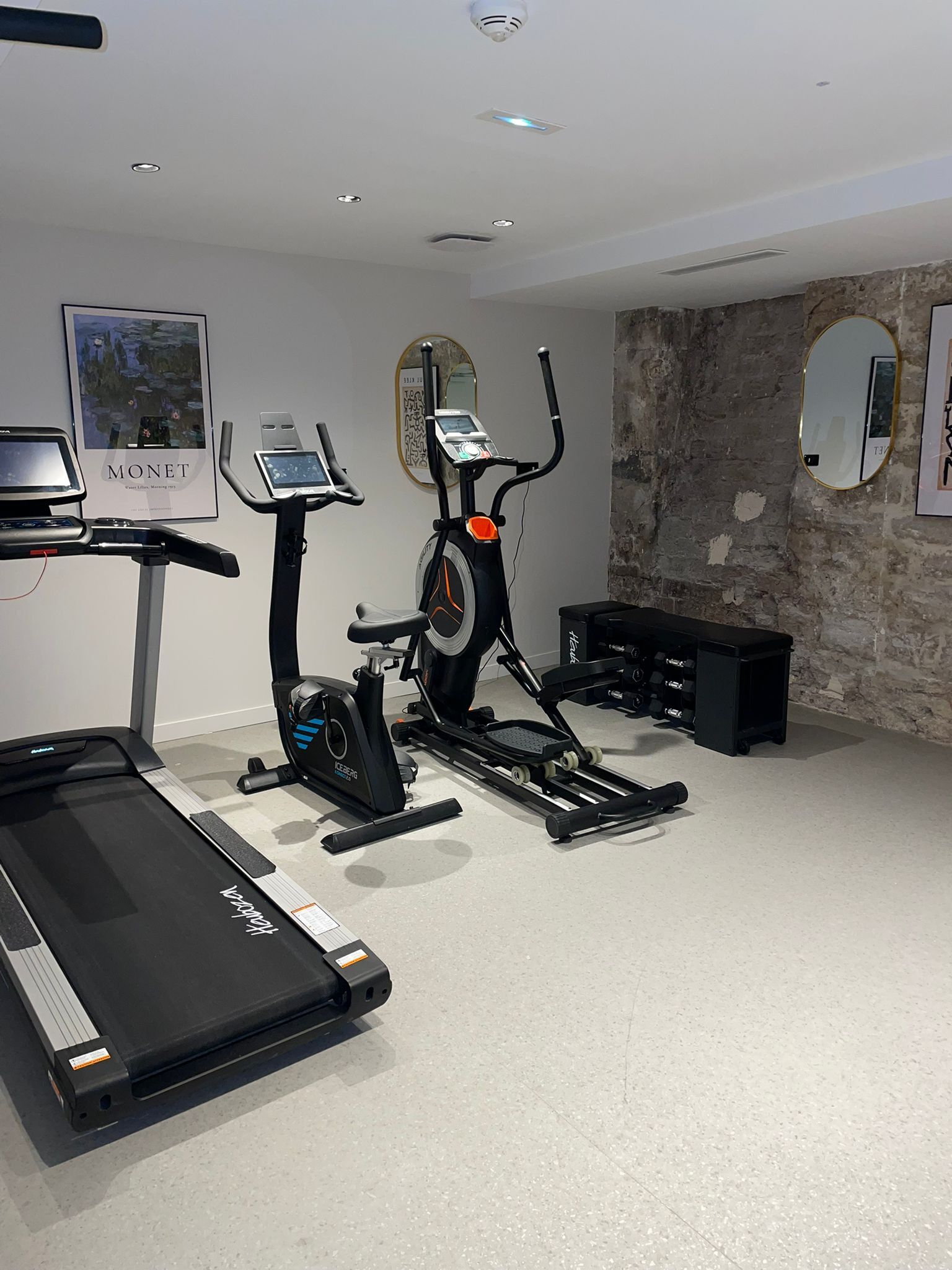 Ein Heimfitnessraum mit Laufband, Crosstrainer und stationärem Fahrrad.