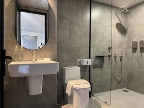A modern bathroom with a glass-enclosed shower, a white sink, and a toilet.