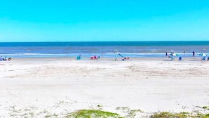 Une plage avec des gens, des parasols et des chaises de plage.