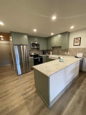 A modern kitchen with a large island, stainless steel appliances, and light green cabinetry. - Rustic Ski-In Condo Under the Mountain (Crested Butte)