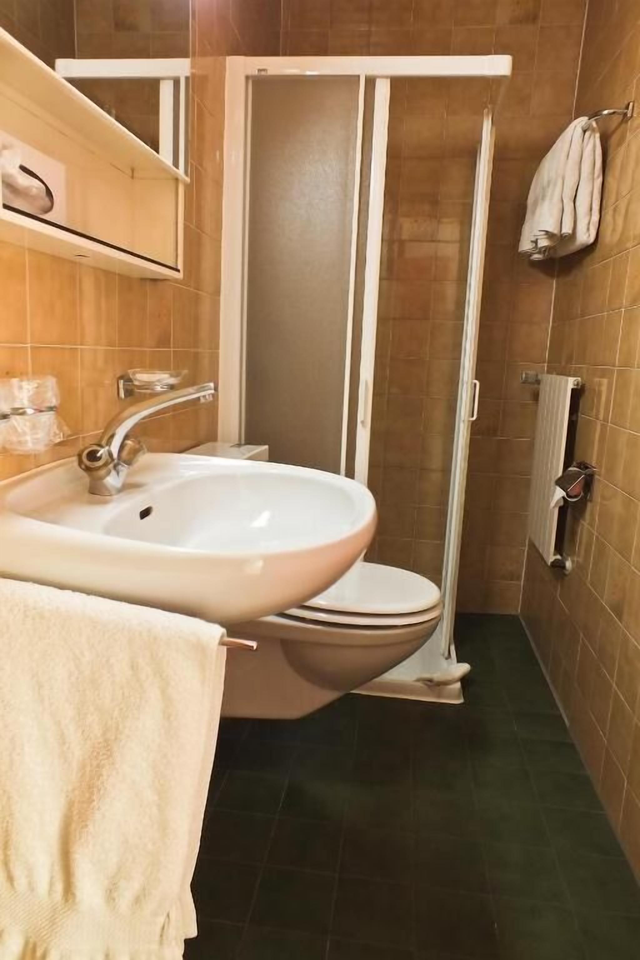Une salle de bain avec un lavabo, des toilettes et une douche.