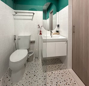 Shower, hair dryer, towels, soap