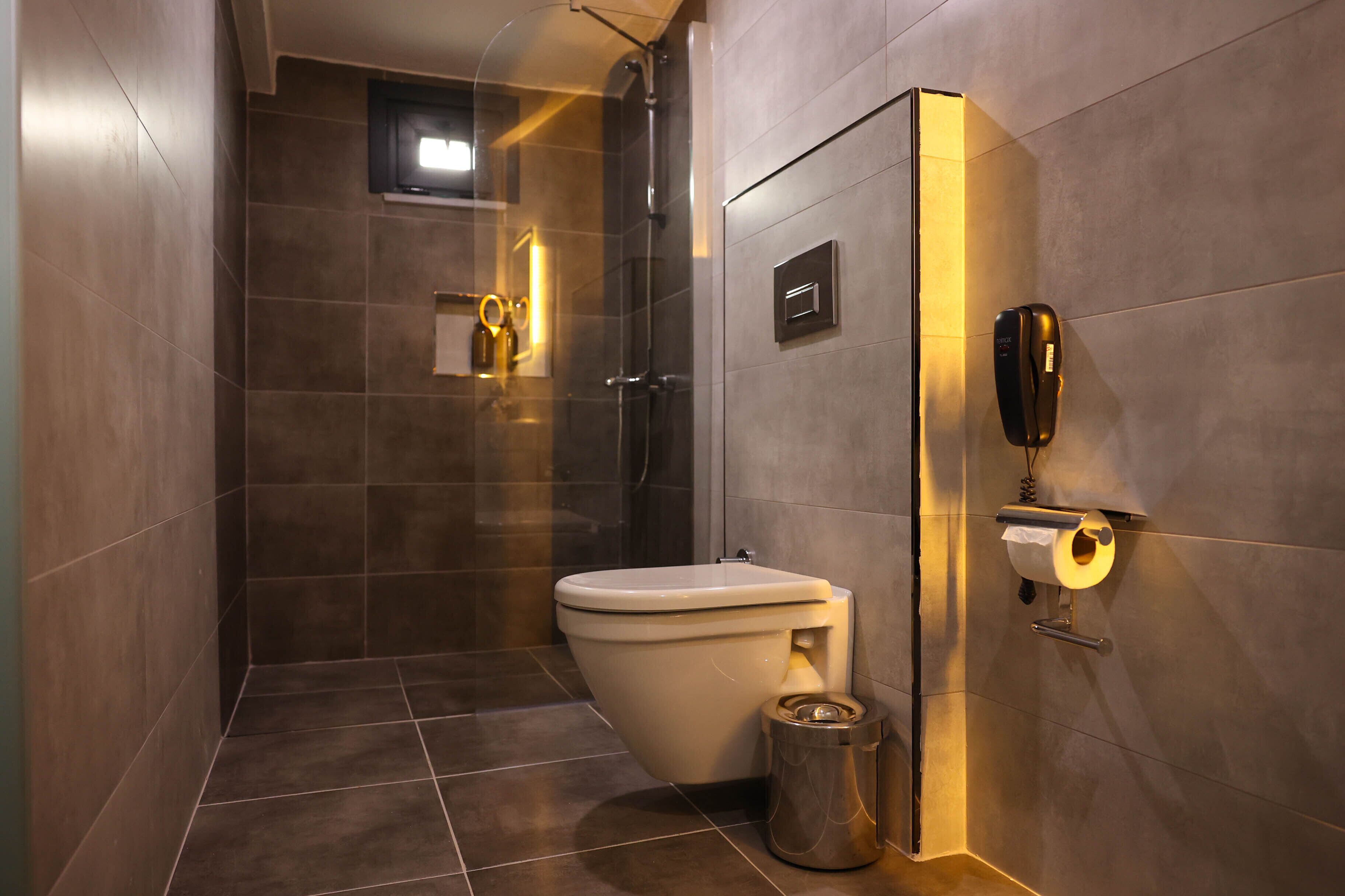 Shower, rainfall showerhead, hair dryer, bathrobes