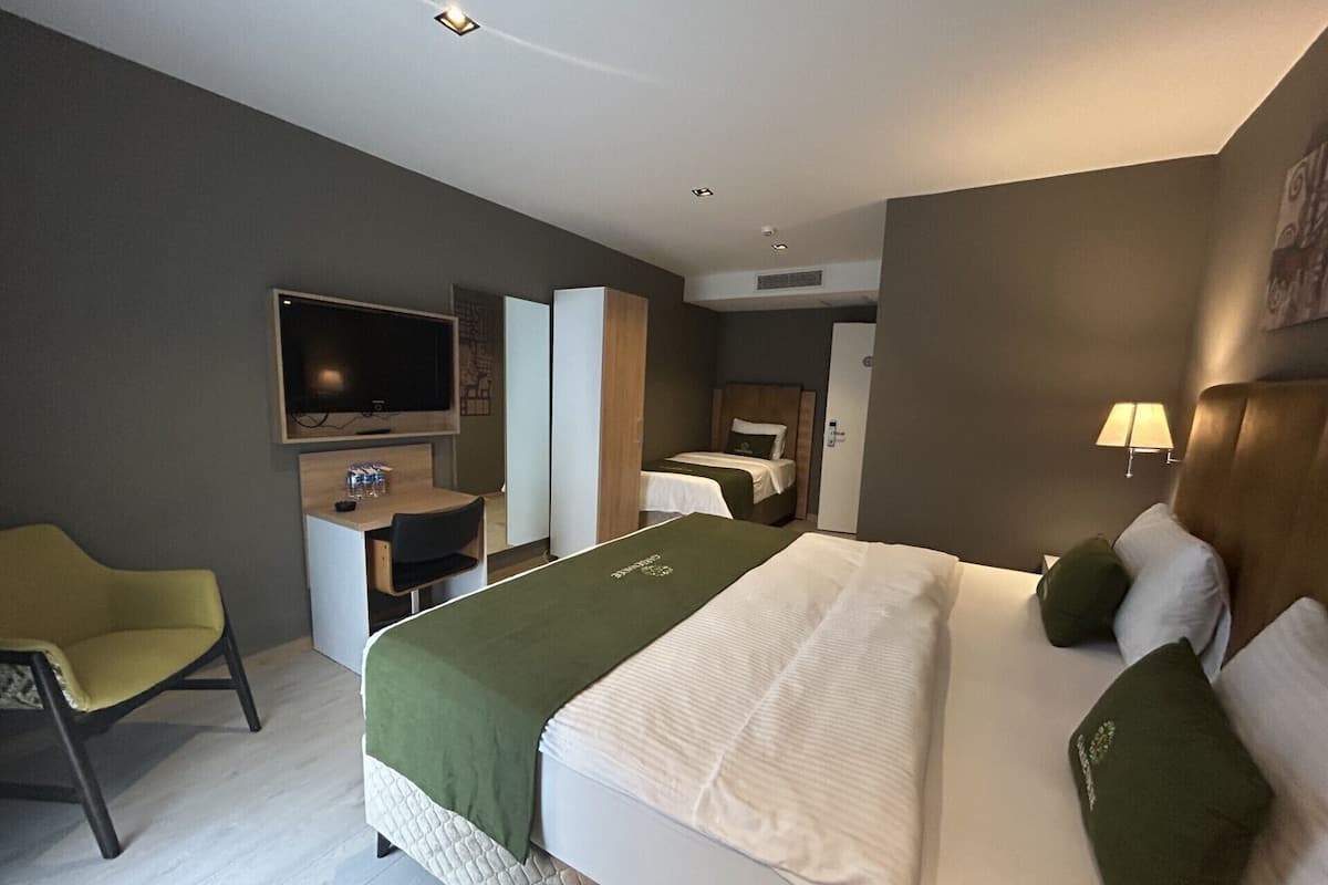 Una habitación de hotel con cama, escritorio, silla, televisor y armario.