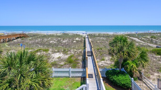A beach boardwalk leading to the ocean with a clear sky. - Oceanfront 7 BR Beach House with a Private Pool! Crown Jewel  (Garden City)