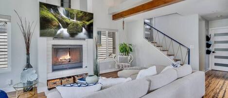 Télévision, cheminée, espaces bureaux