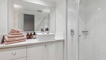 Shower, hair dryer, towels