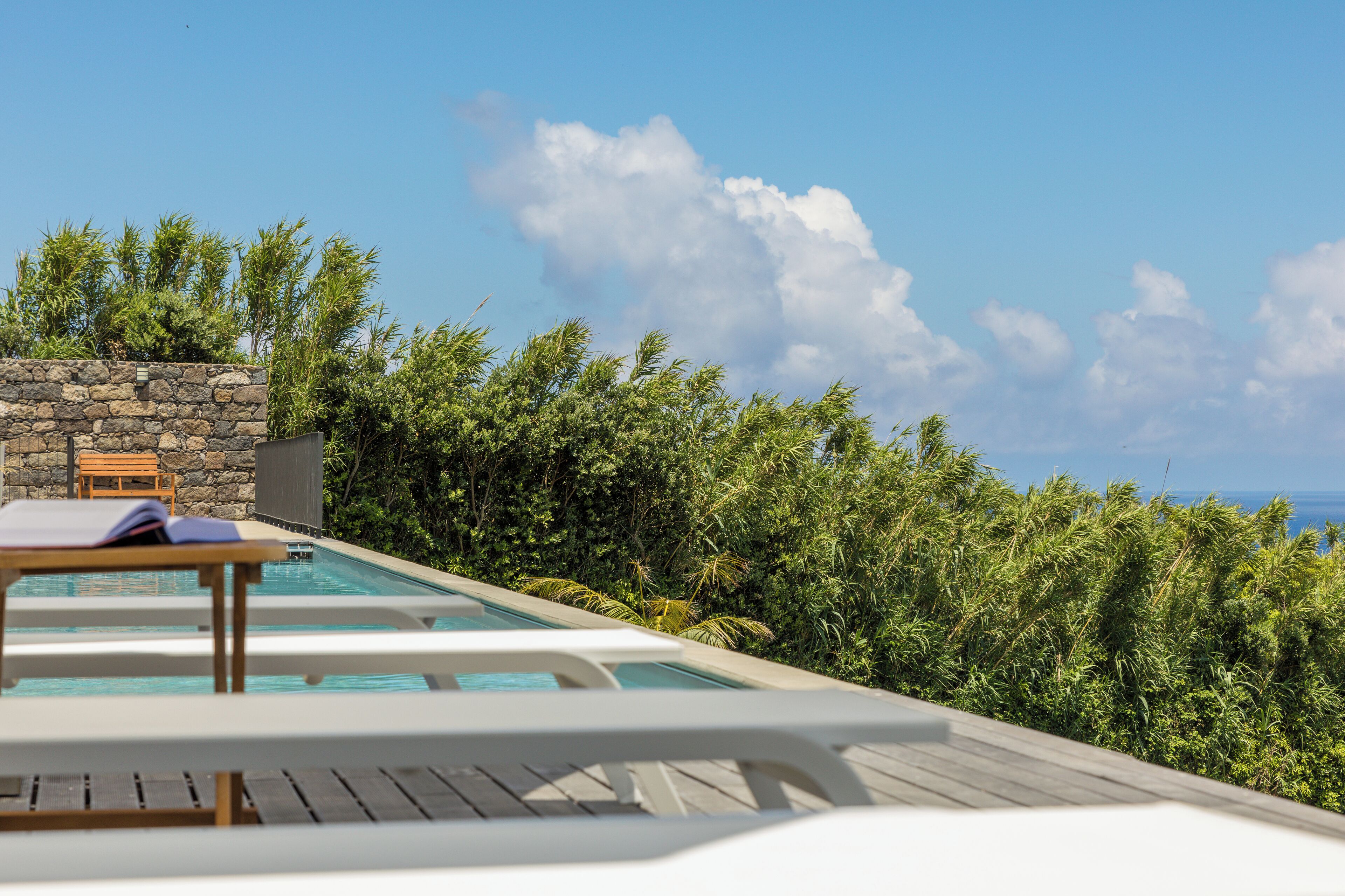 A pool area with lounge chairs and a stone wall, surrounded by lush greenery and overlooking the ocean.