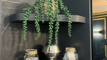 Un mur en marbre noir orné d’une plante verte suspendue, d’un bol en argent et de deux bocaux en verre transparent avec des couvercles dorés.