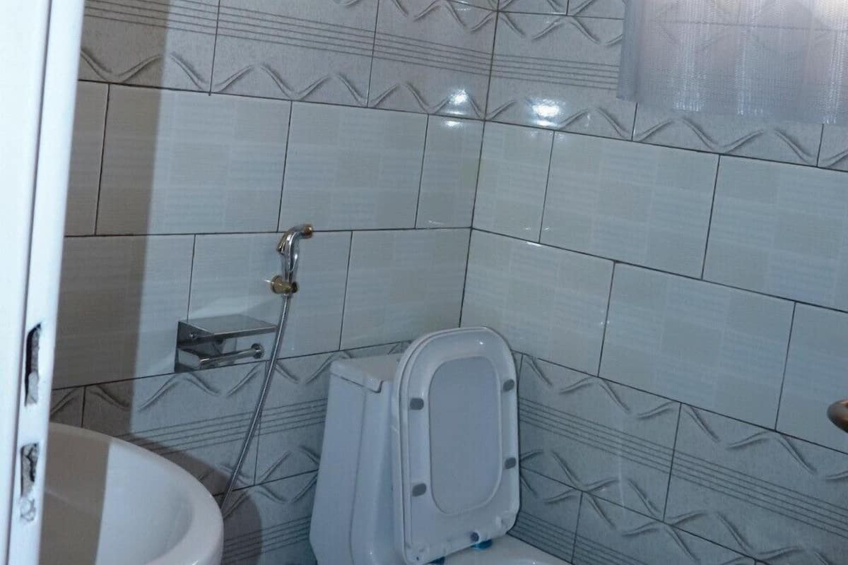 Une salle de bain avec des toilettes, un lavabo et une douche.