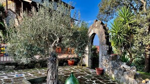 A courtyard with stone paving, olive trees, a stone archway, and potted plants. - Villa de Luccheri - Stay in Nature (Frasso Telesino)