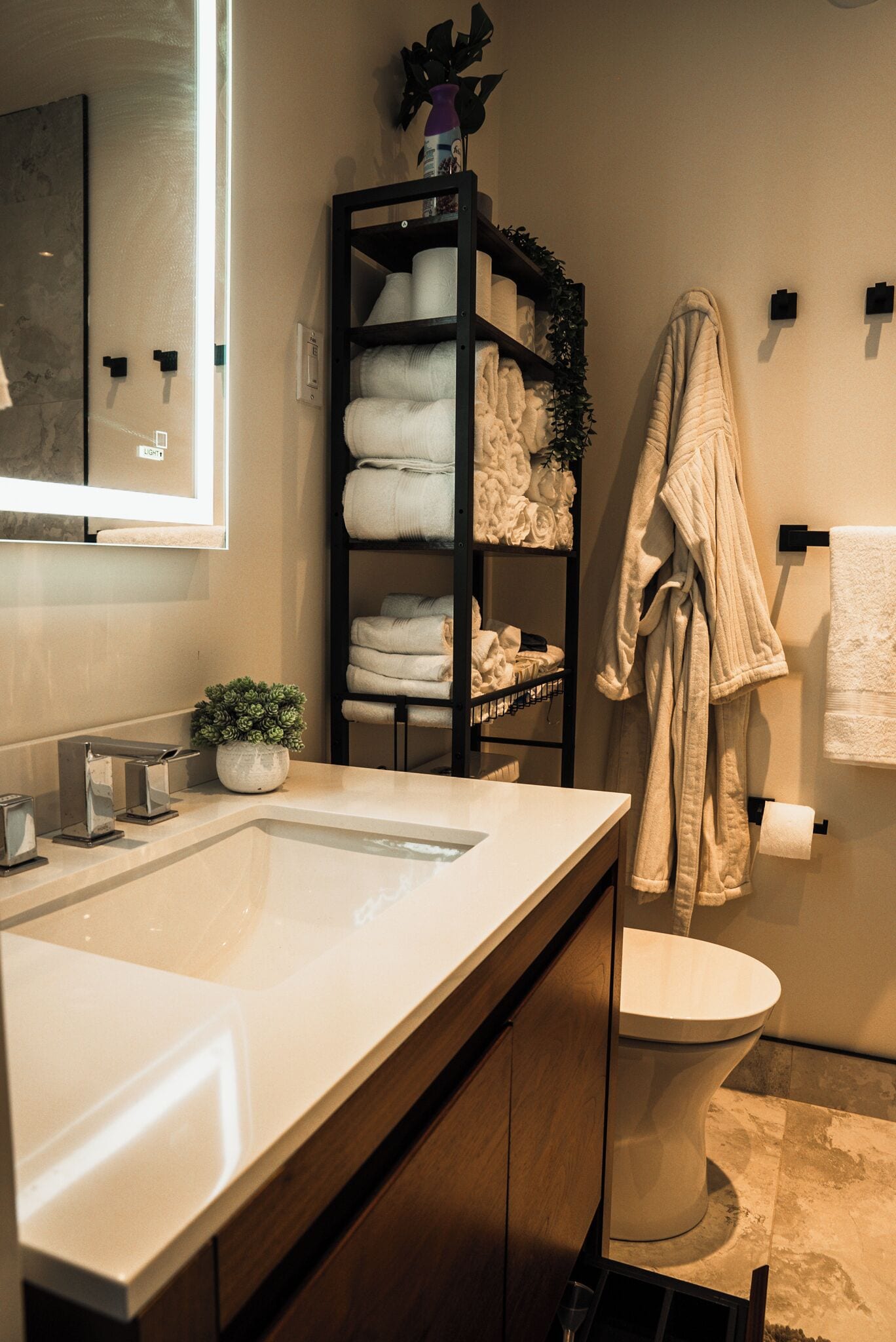 Et moderne badeværelse med en stor vask, et toilet og en håndklædestang.