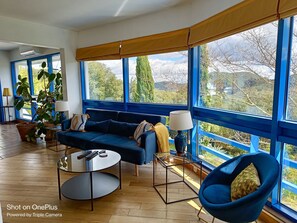 Smart-tv, eldstad, dvd-spelare och böcker