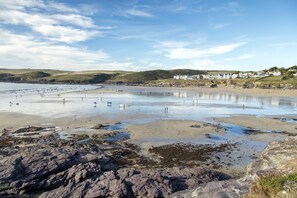 A coastal beach with rocky foreground, a sandy beach, and houses in the background.