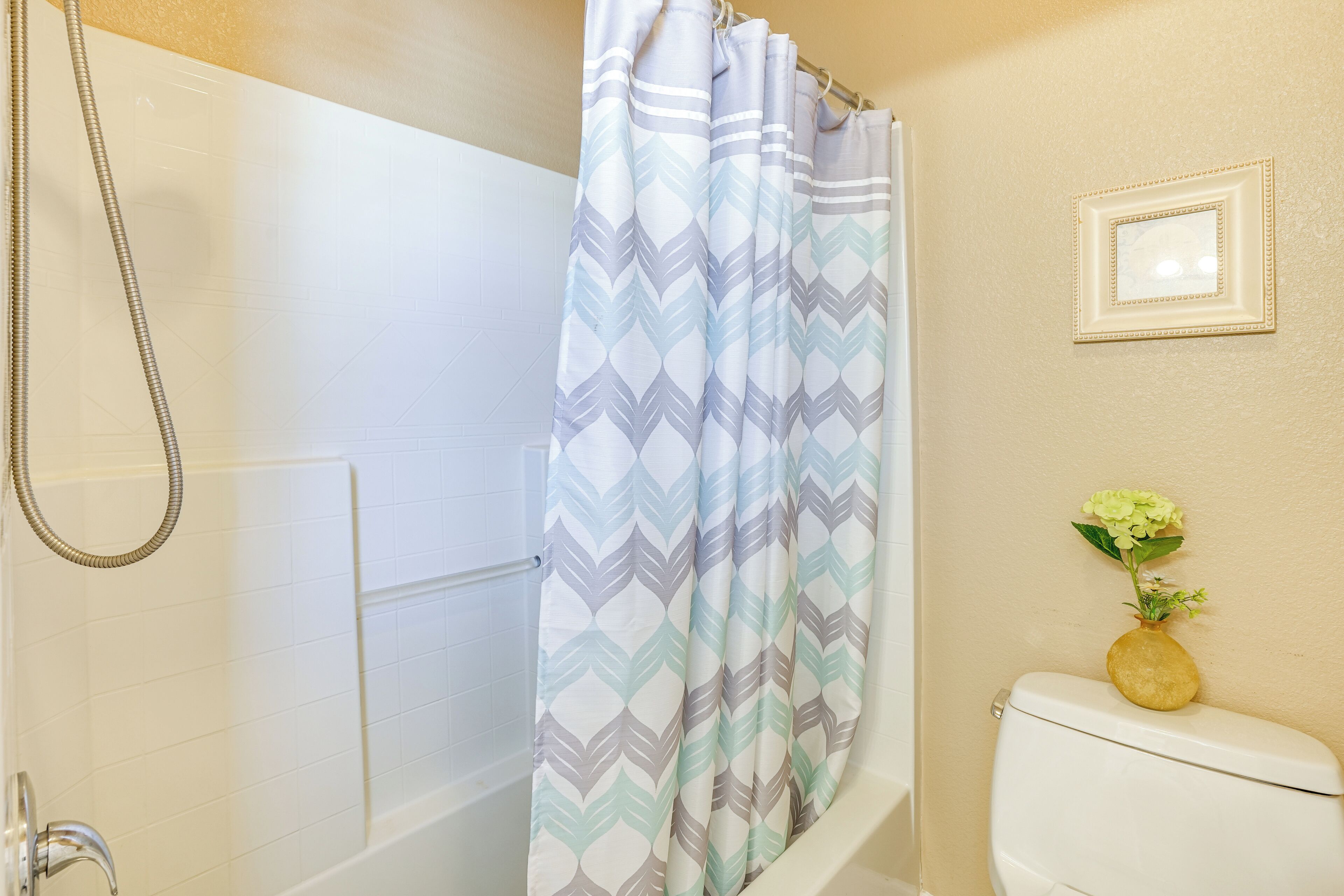 A bathroom with a shower curtain, a toilet, and a framed picture on the wall.