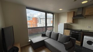 A modern apartment with a grey sofa, a TV, a kitchen with a washing machine, and a view of buildings outside. - Immaculate 2-bed Duplex Apartment in Leeds (Leeds)