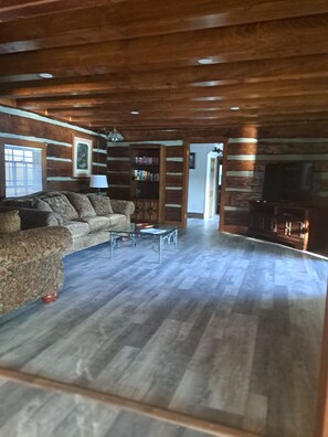Smart TV, chimenea, reproductor de DVD y libros 