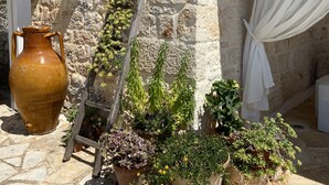 Un mur de pierres avec une échelle en bois rustique, un grand pot en céramique et des plantes en pot.