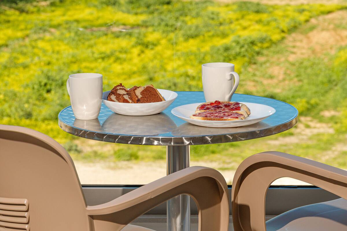 A table with a plate of food and two cups, overlooking a grassy area with a view of the sea.