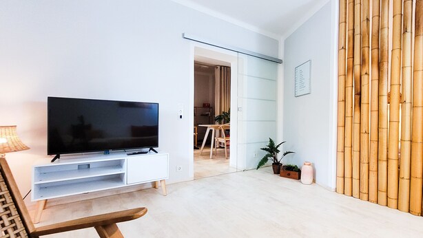 Een moderne woonkamer met een flatscreen-tv op een witte standaard, een houten stoel, een glazen scheidingswand en een wand van bamboe.