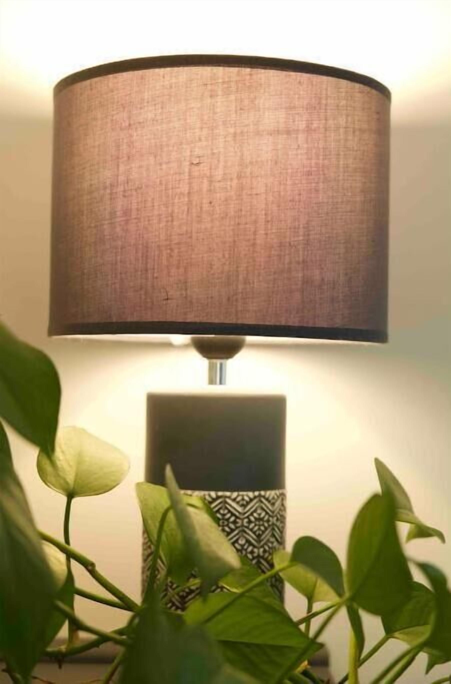 Une lampe dotée d’un abat-jour en tissu et d’un pied décoré, placée sur une surface où se trouvent des plantes vertes au premier plan.