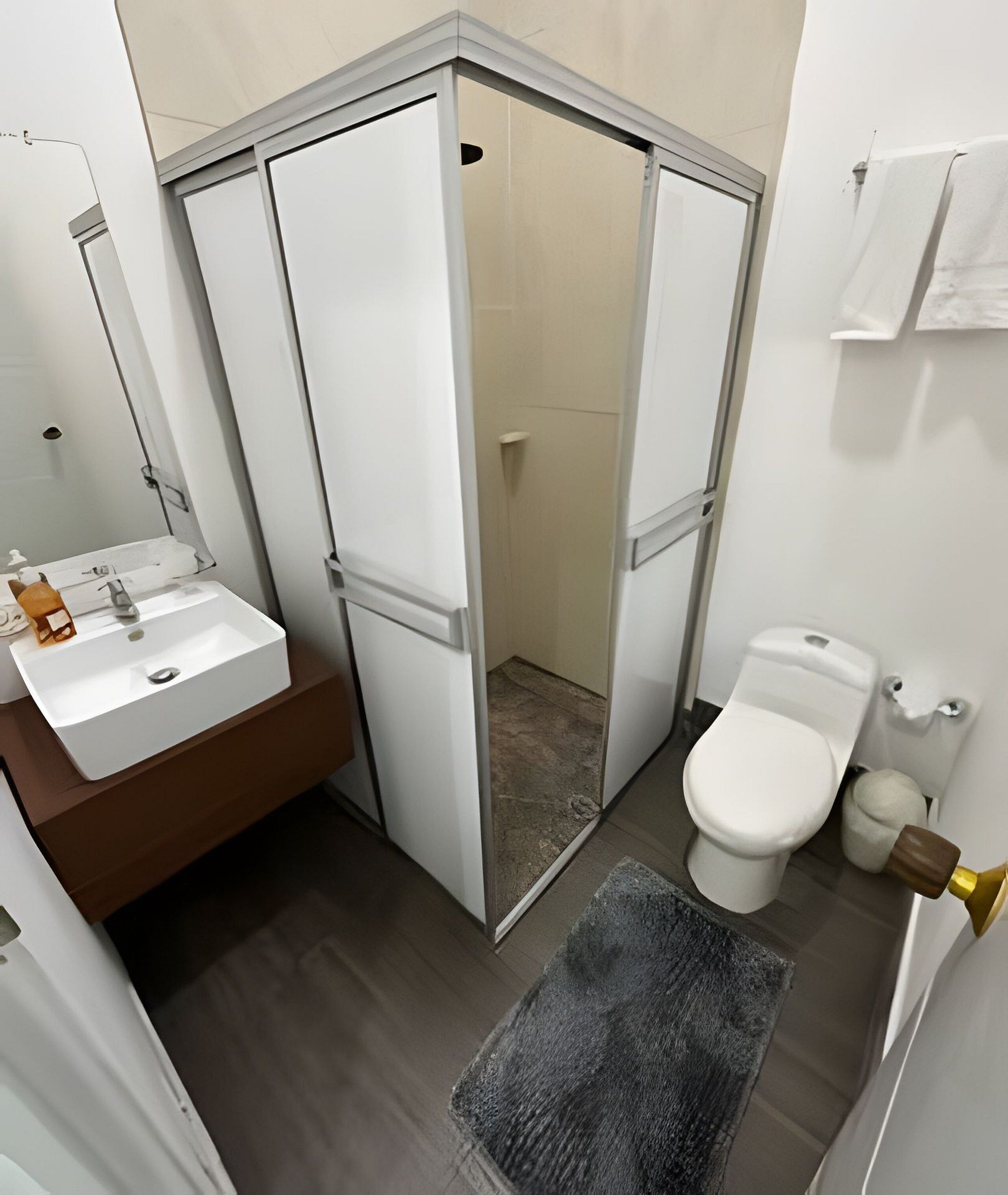 Une salle de bain avec un lavabo blanc, des toilettes et un espace douche.