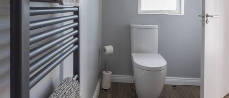 Une salle de bain avec des toilettes, un porte-serviettes, une fenêtre et une porte.