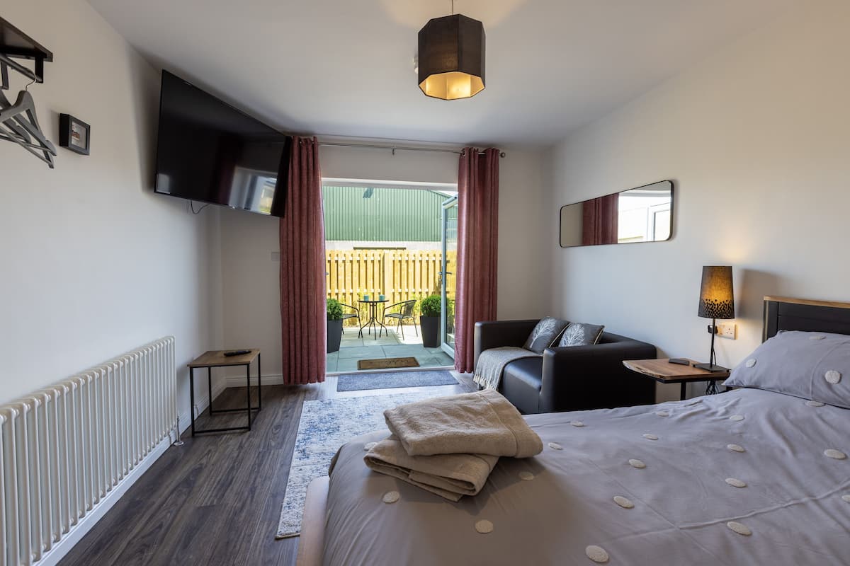 Une chambre d’hôtel avec un lit, une télévision, un canapé, une petite table, une lampe et une vue sur l’extérieur.