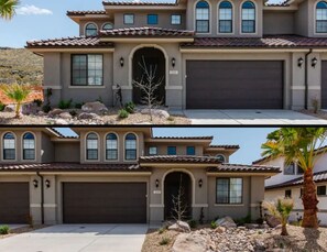 Two-story residence with a symmetrical facade, featuring rectangular and arched windows, terracotta roof, and an outdoor space.