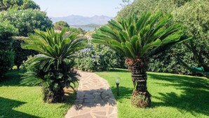 Un sendero de piedra serpentea por un exuberante jardín con palmeras y vistas a montañas distantes.
