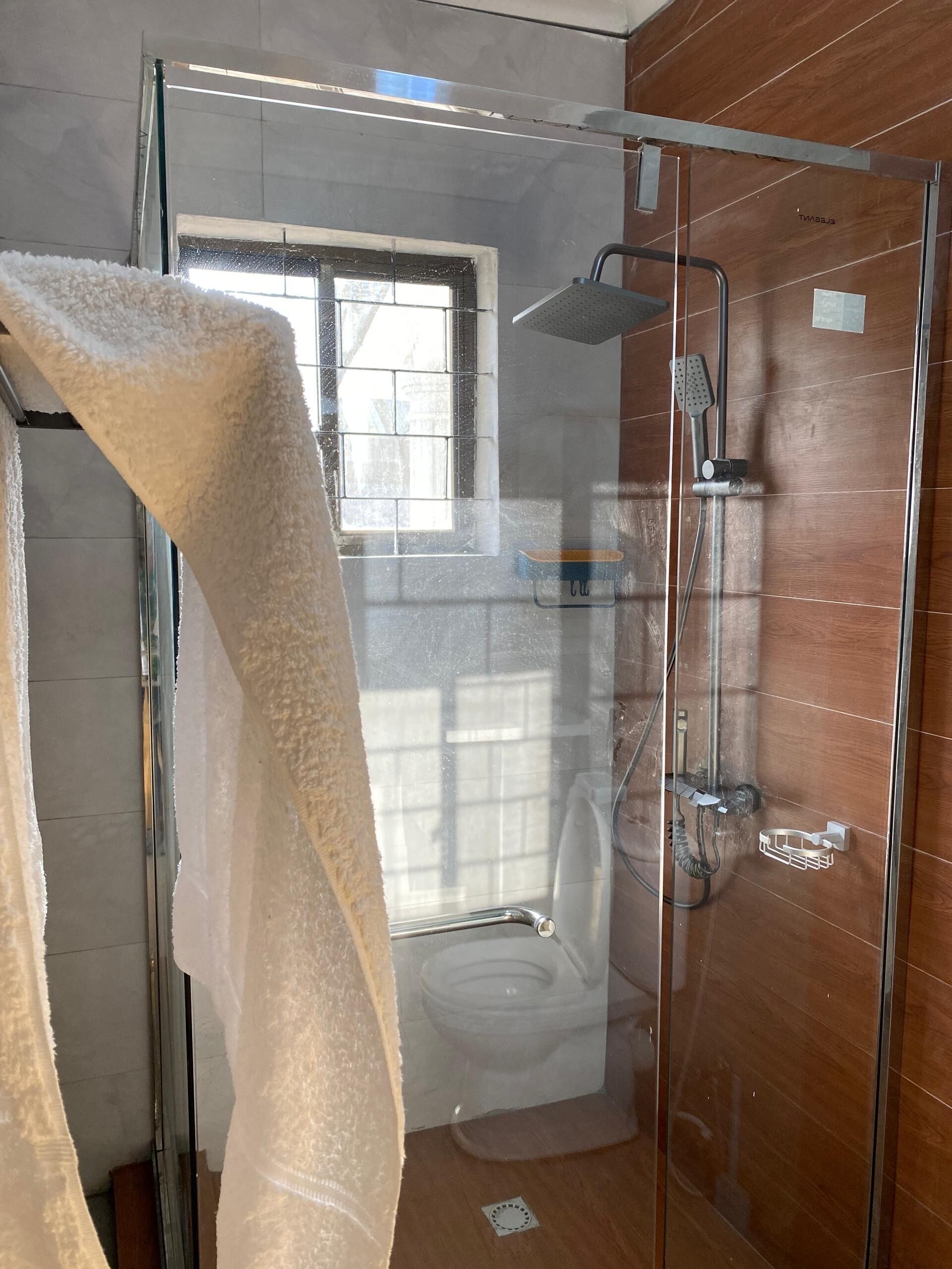 Shower, towels, soap, toilet paper