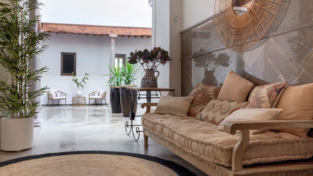 Una sala de estar moderna con un sofá color beige, un espejo redondo y plantas en macetas.