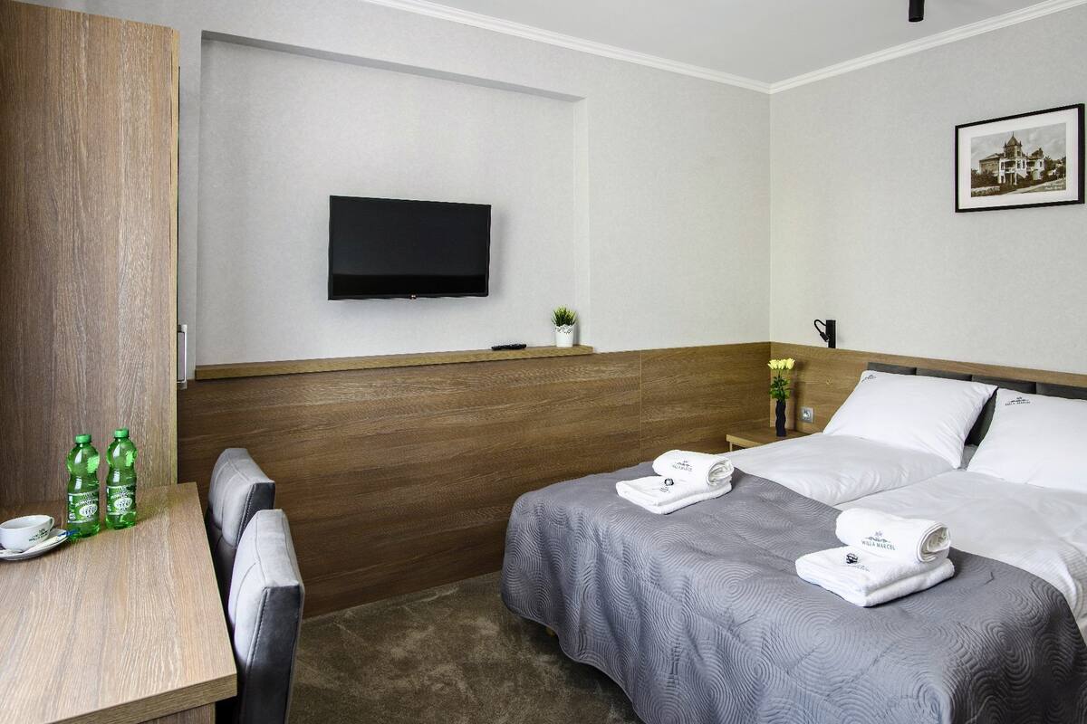 A hotel room with two beds, a TV mounted on the wall, a small table with a plant, and a picture on the wall.