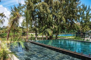 Une piscine rectangulaire entourée d’une végétation et d’arbres tropicaux.
