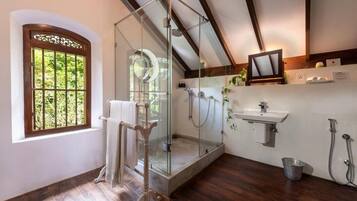 Hair dryer, bidet, towels, soap