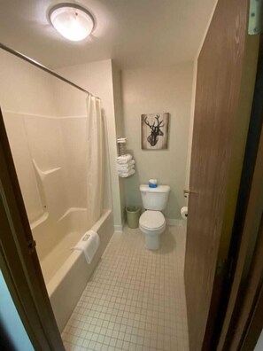 A bathroom with a bathtub, toilet, and a wall-mounted deer skull decoration. - Boulder Bear Motor Lodge (Boulder Junction)