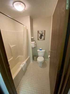 A bathroom with a bathtub, toilet, and a wall-mounted deer skull decoration. - Boulder Bear Motor Lodge (Boulder Junction)