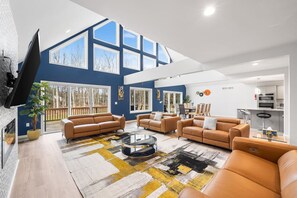 Smart TV, fireplace, video games, table football